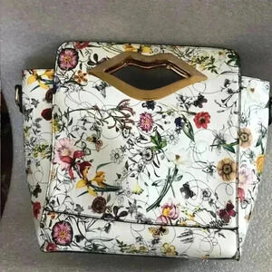Floral and Plum Handbag with Gold tone metal handle